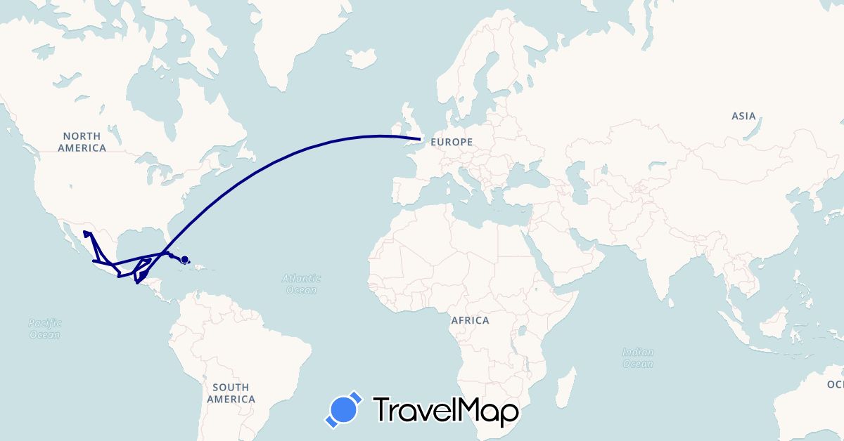 TravelMap itinerary: driving in Belize, Cuba, United Kingdom, Guatemala, Cambodia, Laos, Mexico, Thailand, Vietnam (Asia, Europe, North America)